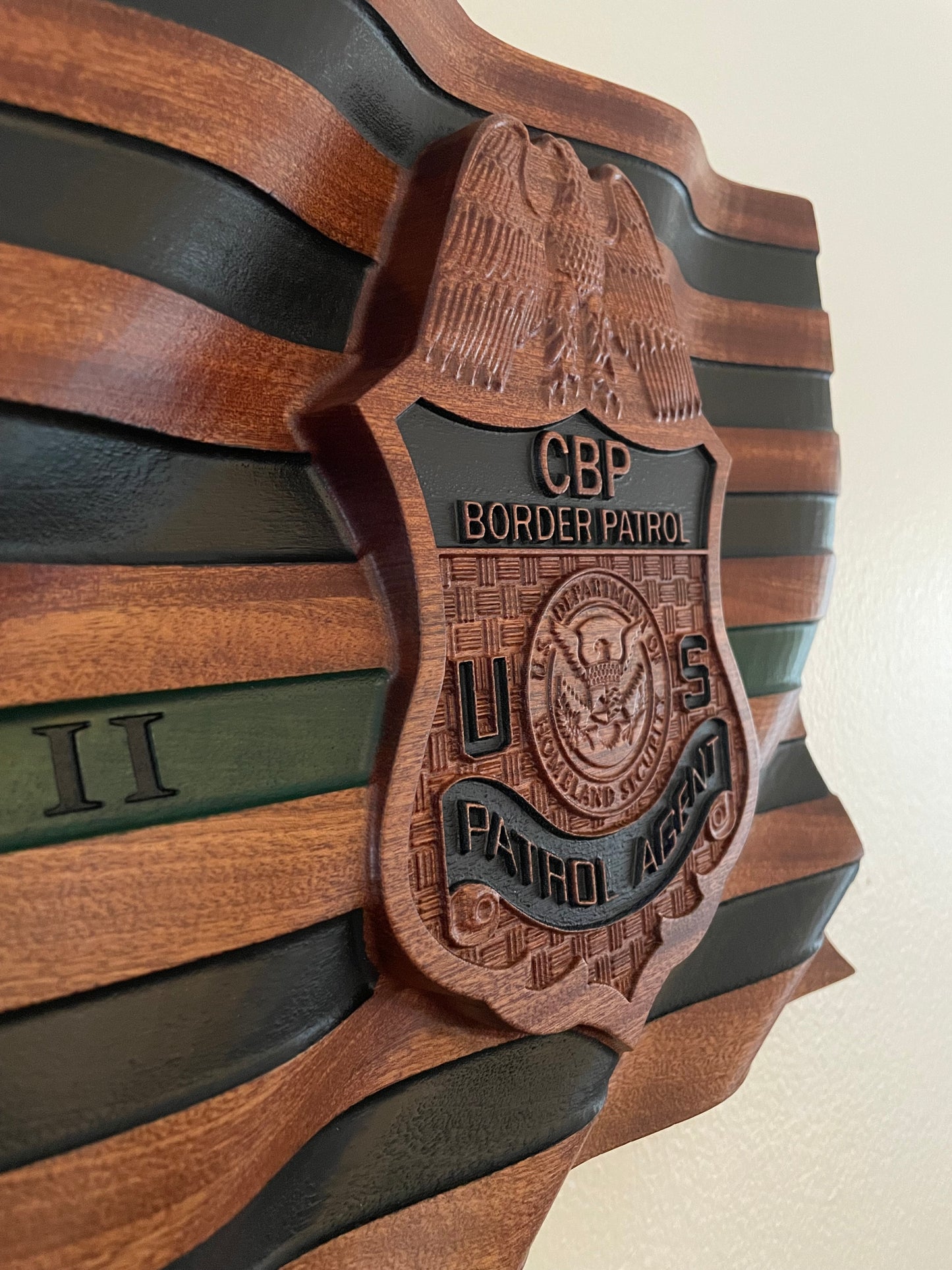 Border Patrol Wavy Flag, U.S. Customs and Border Protection Badge, Wavy Thin Blue Line Flag, 3D Flag, Wood Badge, Plaque, Hardwood