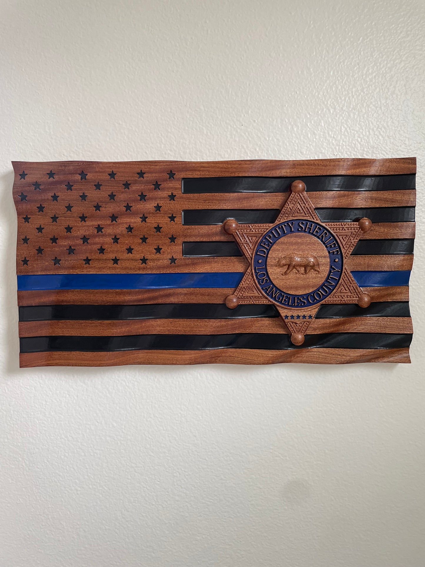 LA SHERIFF Wavy Flag, Los Angeles County Sheriff's Department, Wood Badge, Thin Blue Line Flag, Police Badge, Plaque, Hardwood
