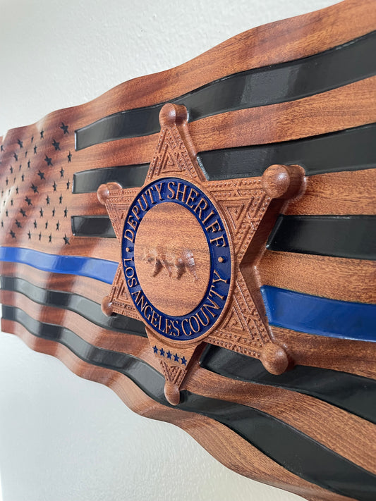 LA SHERIFF Wavy Flag, Los Angeles County Sheriff's Department, Wood Badge, Thin Blue Line Flag, Police Badge, Plaque, Hardwood