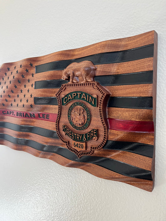 CA State Forestry and Fire Wavy Flag, Cal Fire Wood Badge, Thin Red Line Flag, 3D Flag, Wood Badge, Fire Department Badge, Plaque, Hardwood